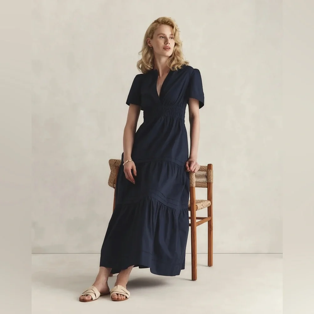 NEW Quince 100% Organic Cotton Poplin Tiered V-Neck Short Sleeve Maxi Dress sz S - Picture 5 of 13